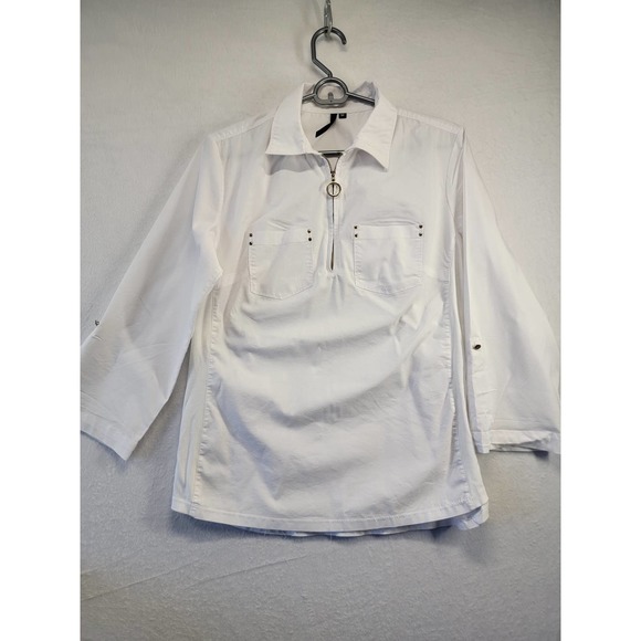 Cathy white zipper vneck pullover top, Sz M - Picture 1 of 11